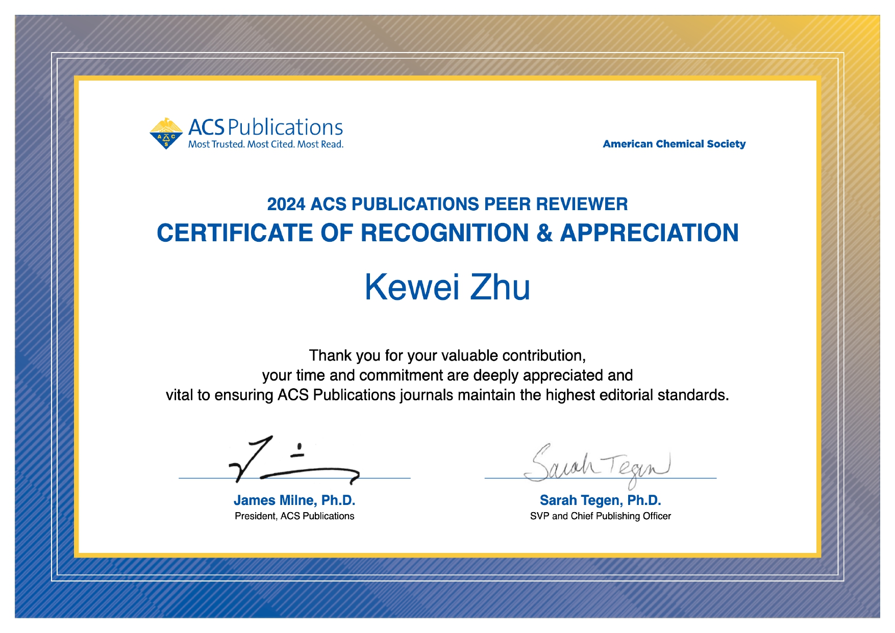 Certificate for 2024 ACS Publications peer reviewer